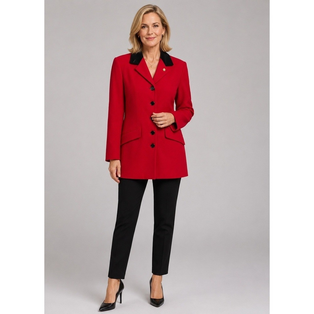 Chaus Coat Womens 8 Red Wool Black Velvet Collar Lined Pockets *2 Moth Holes VTG